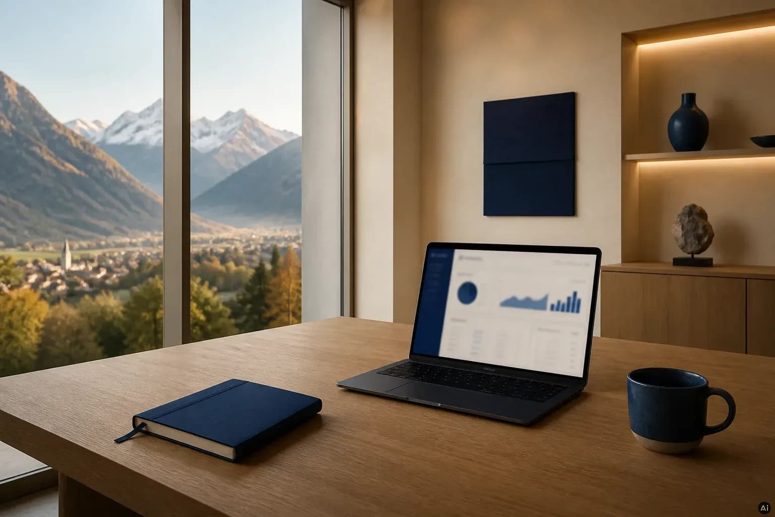 Crownscale Studio in Liechtenstein, Arbeitsplatz mit Blick auf die Alpen